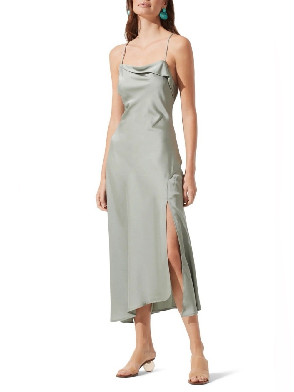 ASTR Cowl Slip Maci Dress Open Back Slit Sage Size Medium Wedding Guest